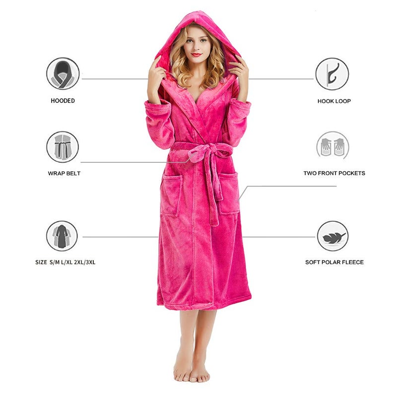 HEARTNICE Womens Hooded Fleece Robe, Soft Plush Bathrobe for Womens, Fluffy Cute Long House Coat (Rose Hooded, L/XL) - Image 4